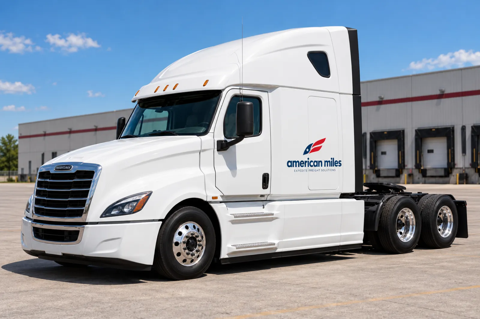 White Freightliner Cascadia sleeper tractor in American Miles livery, side view