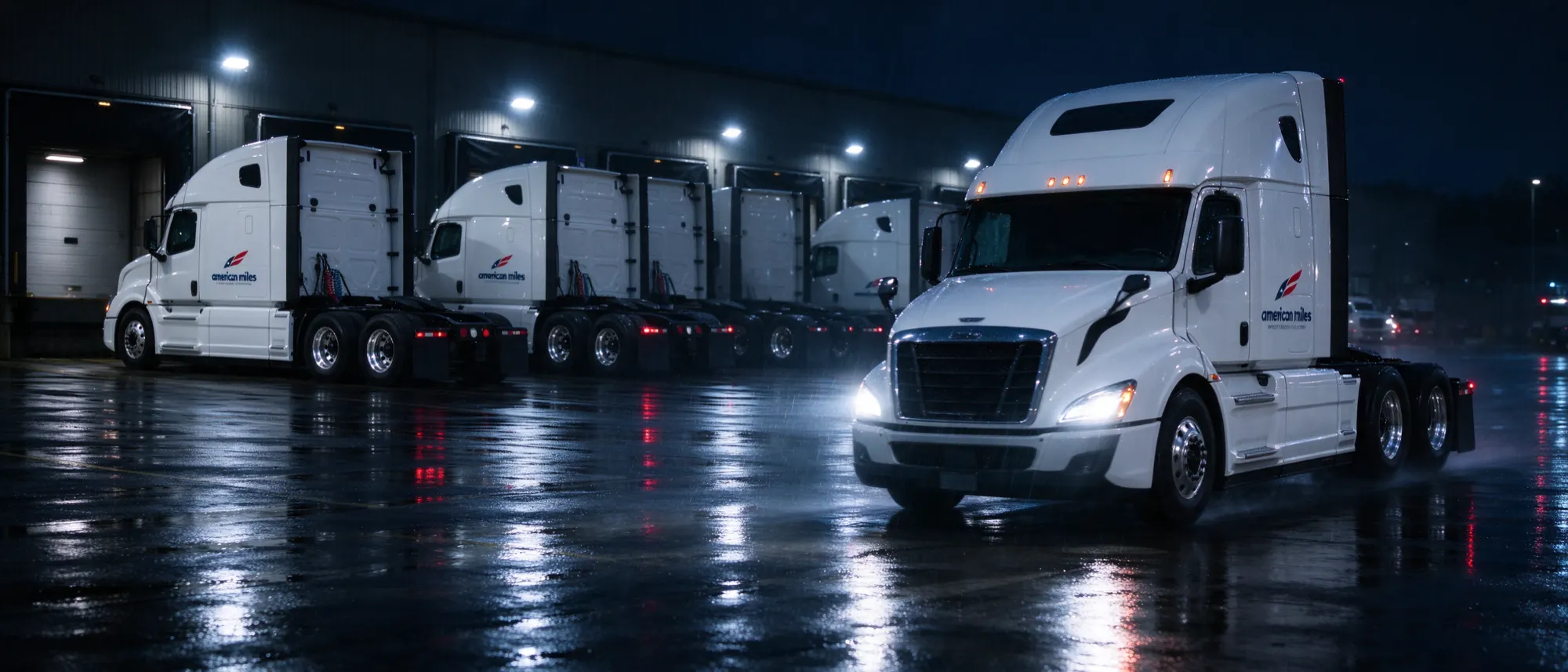American Miles trucks at lit loading docks at a freight terminal after rain