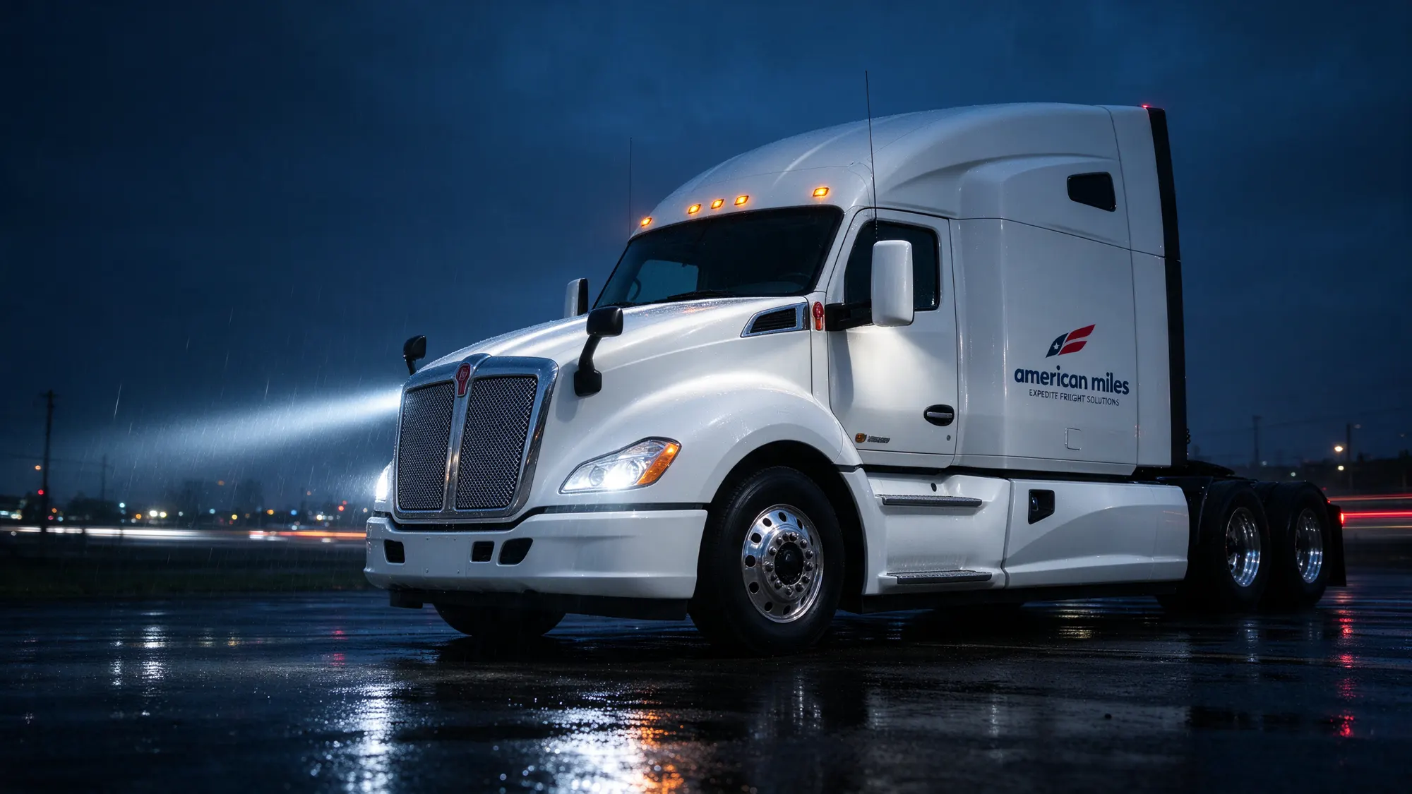 American Miles Kenworth T680 sleeper tractor at night on wet asphalt, headlights on