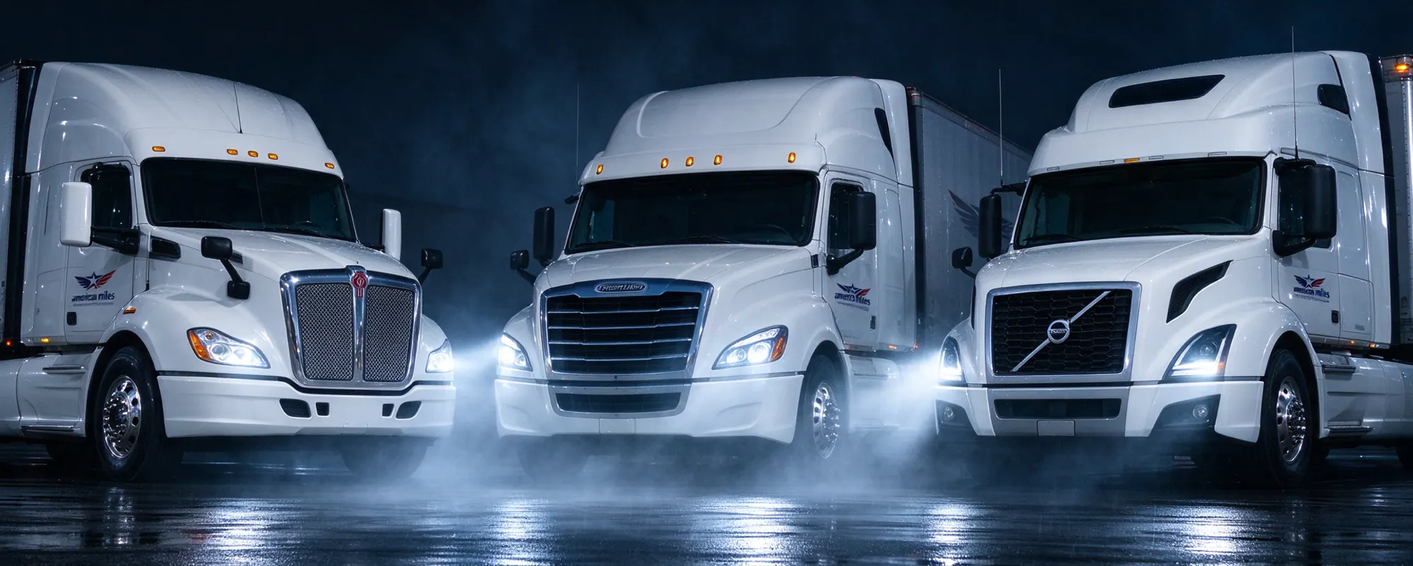 Three American Miles sleeper tractors head-on at night: Kenworth T680, Freightliner Cascadia and Volvo VNL